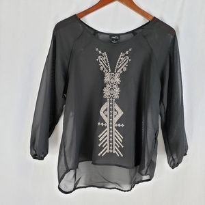 Rue21 Sheer Black Long Sleeve Decorative Blouse S